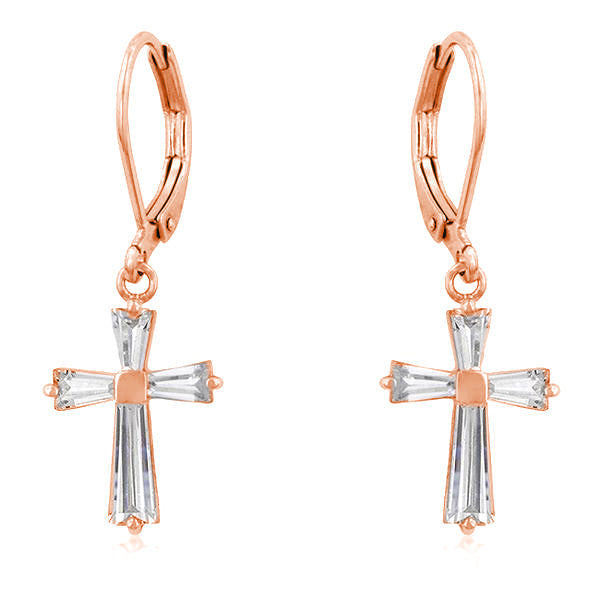 LOVCIA Elegant 18k Rose Gold Plated Baguette CZ Cross Drop Earrings