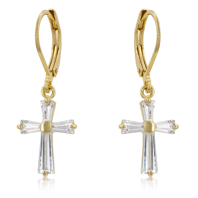 LOVCIA Elegant 18k Gold Plated Cross Earrings with Cubic Zirconia Stones