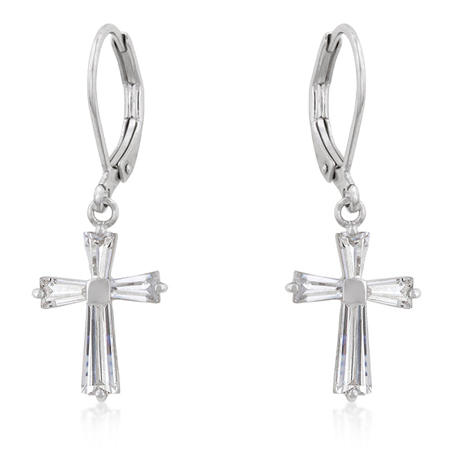 LOVCIA Elegant Gold Tone Cross Earrings with Cubic Zirconia and Rhodium Plating