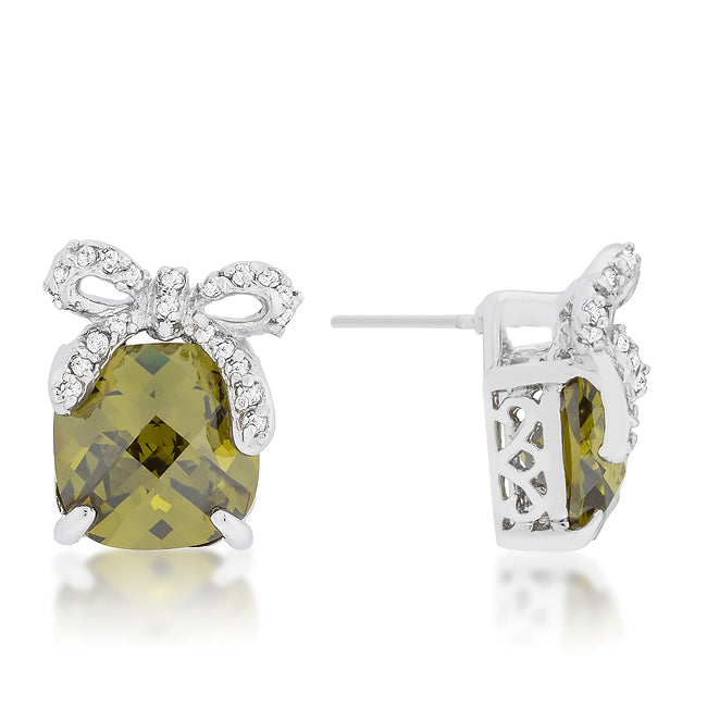 LOVCIA Elegant Olivine Bow Drop Earrings with Platinum Luster