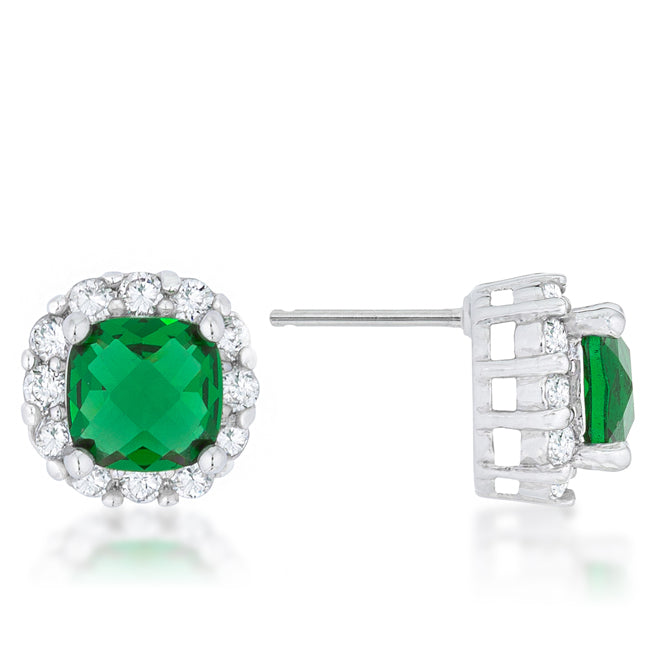 LOVCIA Elegant Emerald CZ Cushion Stud Earrings in Rhodium Finish - 2ct