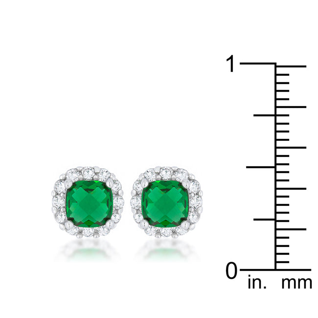 LOVCIA Elegant Emerald CZ Cushion Stud Earrings in Rhodium Finish - 2ct