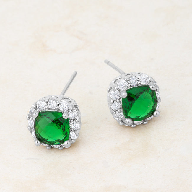 LOVCIA Elegant Emerald CZ Cushion Stud Earrings in Rhodium Finish - 2ct