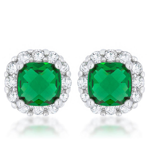 LOVCIA Elegant Emerald CZ Cushion Stud Earrings in Rhodium Finish - 2ct