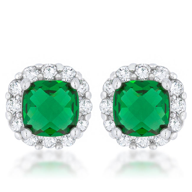 LOVCIA Elegant Emerald CZ Cushion Stud Earrings in Rhodium Finish - 2ct