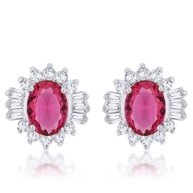 LOVCIA Elegant 3.3ct Ruby CZ Rhodium-Plated Oval Stud Earrings