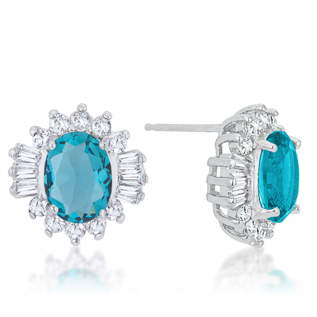 LOVCIA Exquisite Aqua CZ Rhodium-Plated Oval Stud Earrings - 3.3ct