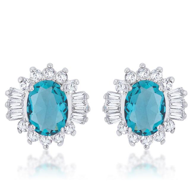 LOVCIA Exquisite Aqua CZ Rhodium-Plated Oval Stud Earrings - 3.3ct