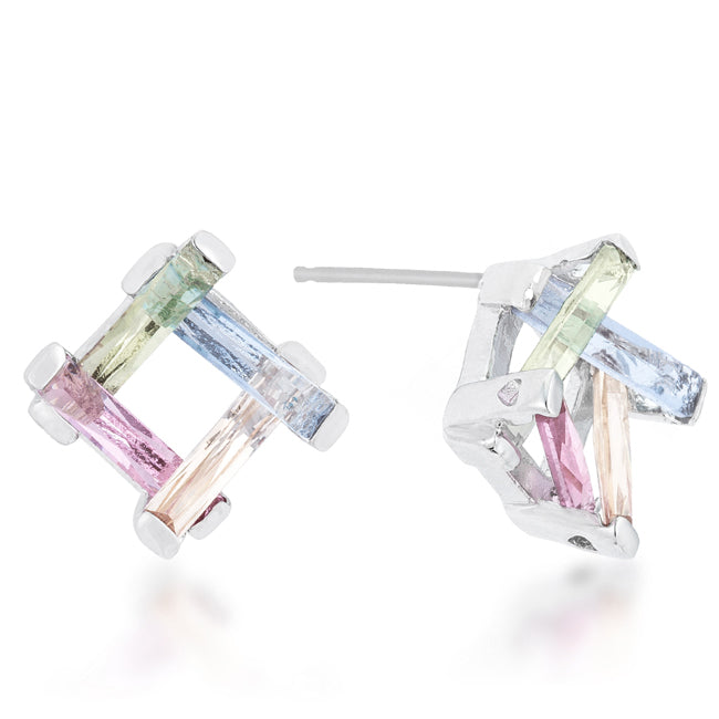 LOVCIA Multicolor Gemstone Radiant-Cut Rhodium Stud Earrings - 10ct