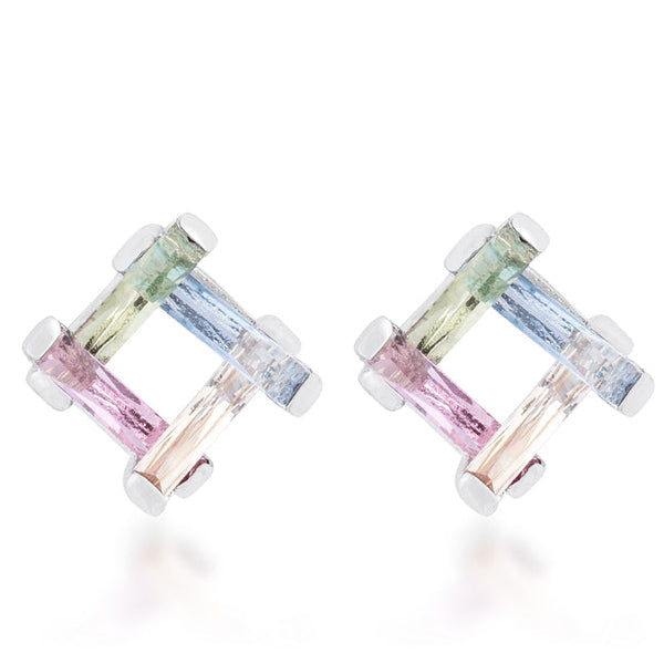 LOVCIA Multicolor Gemstone Radiant-Cut Rhodium Stud Earrings - 10ct