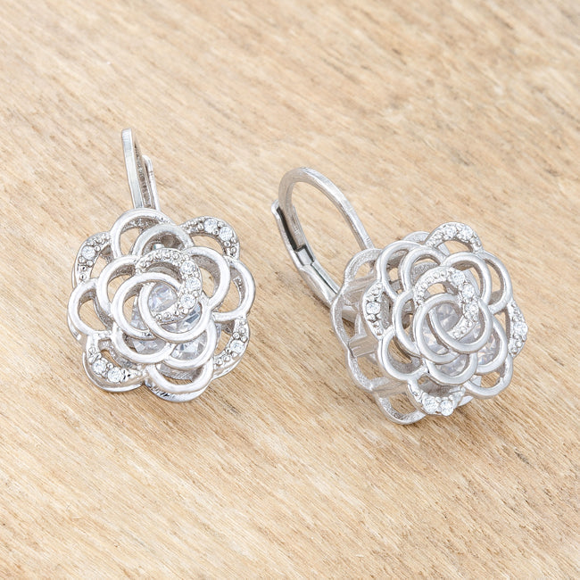 LOVCIA Elegant Rose Design Rhodium Drop Earrings with 1.5ct CZ