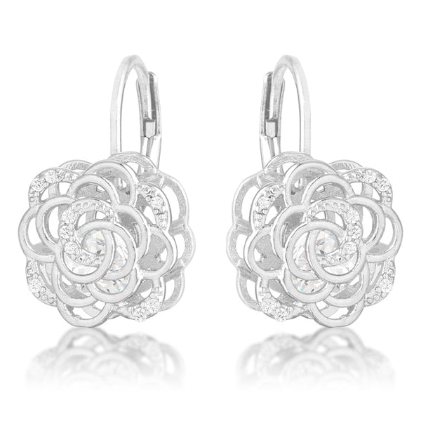 LOVCIA Elegant Rose Design Rhodium Drop Earrings with 1.5ct CZ