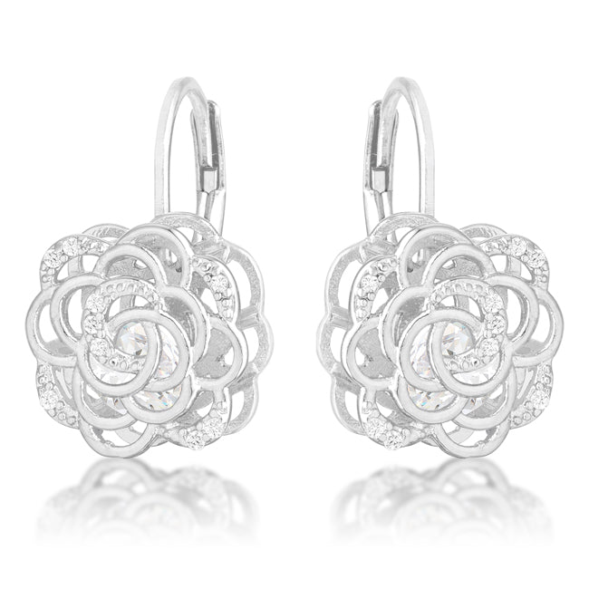 LOVCIA Elegant Rose Design Rhodium Drop Earrings with 1.5ct CZ