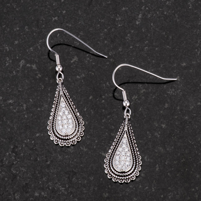 LOVCIA Tear Drop Rhodium-Plated Earrings with Sparkling CZ Stones