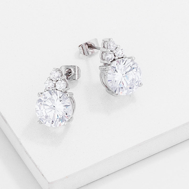 LOVCIA Elegant Rhodium-Plated 9mm Clear CZ Stud Earrings