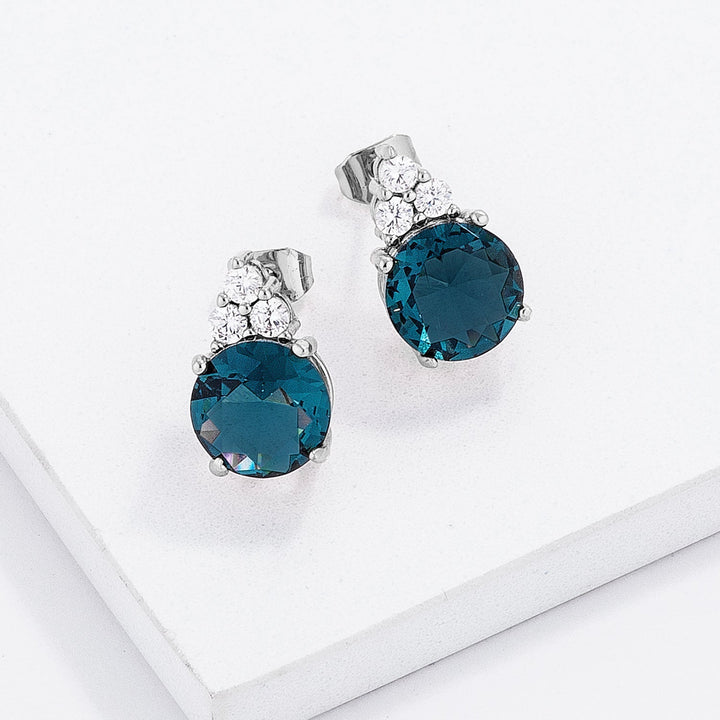 LOVCIA Elegant Rhodium Plated Blue Green CZ Stud Earrings with Trio Accents