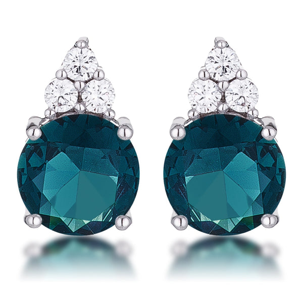 LOVCIA Elegant Rhodium Plated Blue Green CZ Stud Earrings with Trio Accents