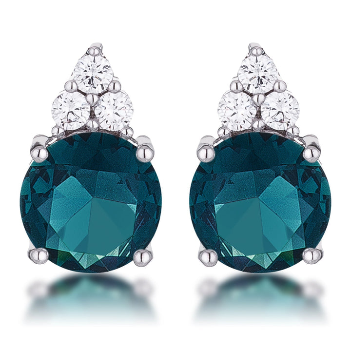 LOVCIA Elegant Rhodium Plated Blue Green CZ Stud Earrings with Trio Accents