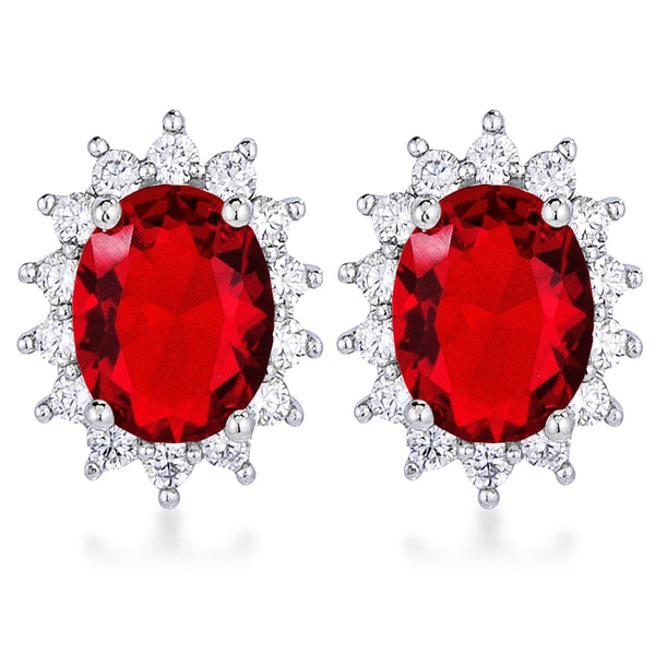 LOVCIA Elegant Petite Royal Oval Earrings with Rhodium Plating and Ruby Red Stones