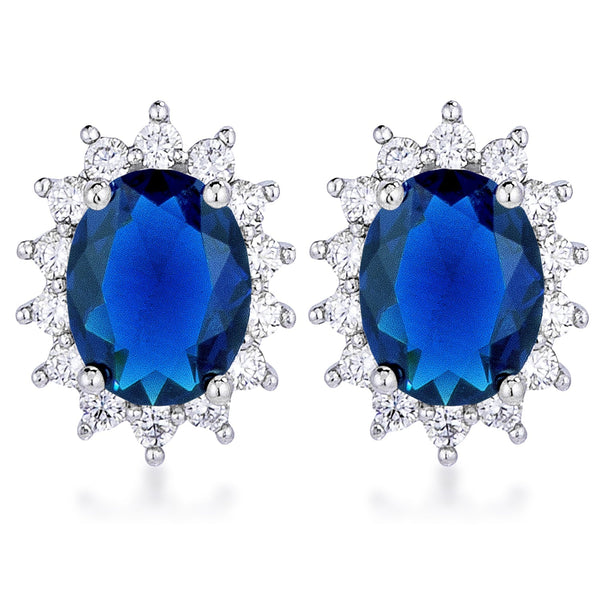 LOVCIA Sapphire Blue Petite Oval Earrings with Rhodium Plating