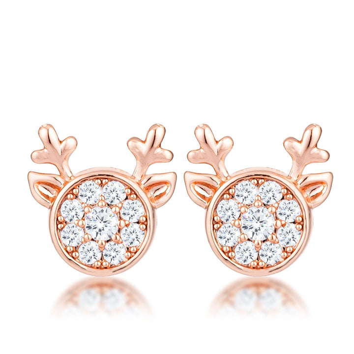 LOVCIA Holiday Cheer 18k Rose Gold Plated Reindeer Earrings with Clear CZ Stones