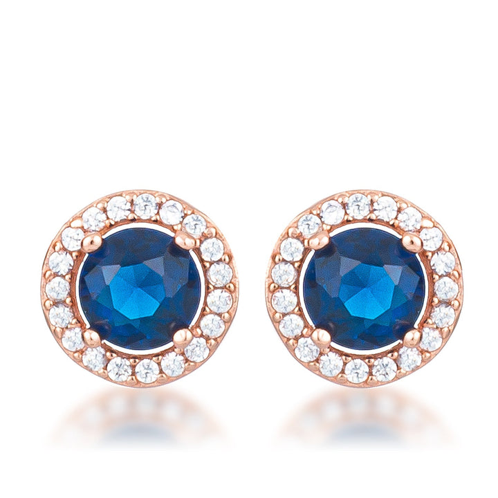 LOVCIA Rose Goldtone Halo Earrings with Sapphire Blue CZ Center Stone