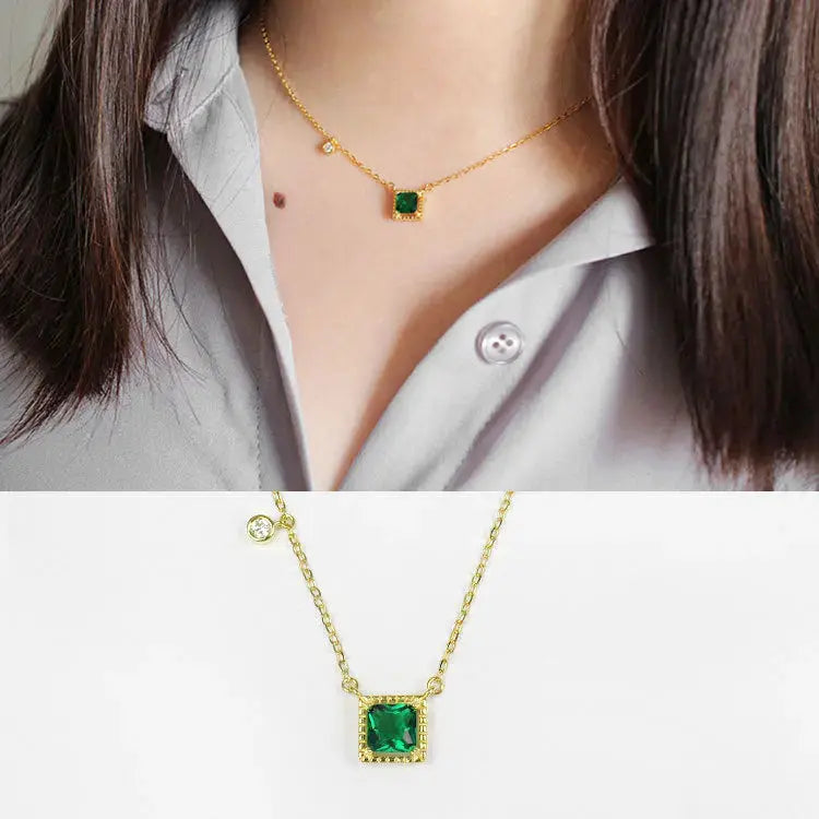 Lovcia Fashion Green Square CZ 925 Sterling Silver Golden Necklace-Necklaces-