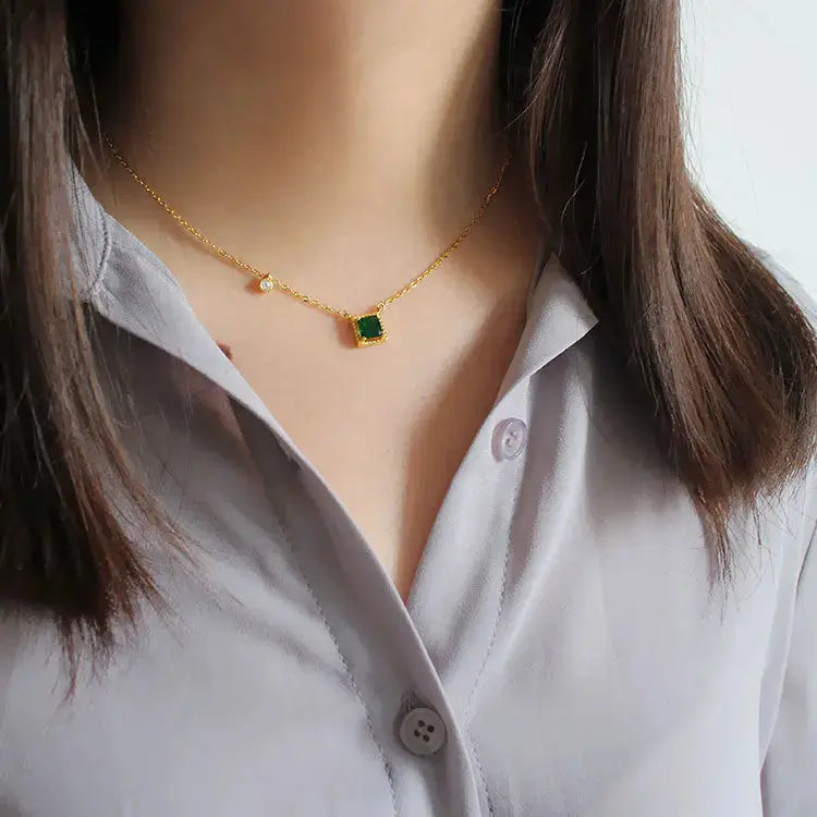Lovcia Fashion Green Square CZ 925 Sterling Silver Golden Necklace-Necklaces-