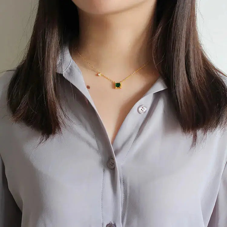 Lovcia Fashion Green Square CZ 925 Sterling Silver Golden Necklace-Necklaces-