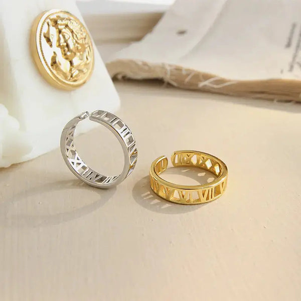 Lovcia Fashion Hollow Roman Numerals 925 Sterling Silver Adjustable Ring-Rings-Rhodium-Rhodium