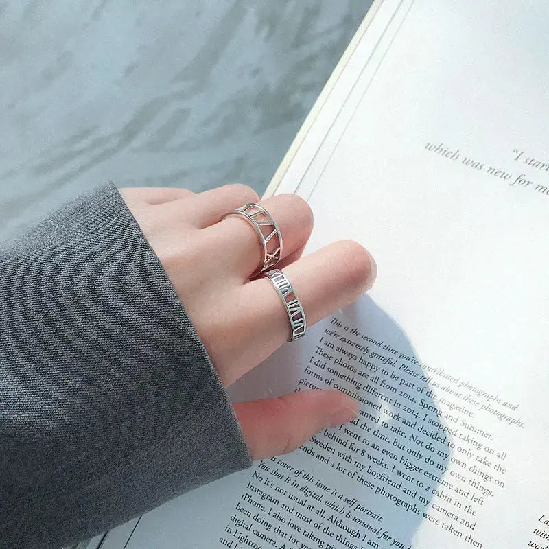 Lovcia Fashion Hollow Roman Numerals 925 Sterling Silver Adjustable Ring-Rings-Rhodium-Rhodium