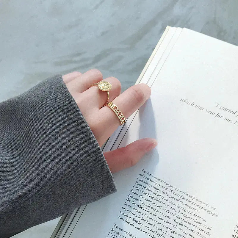 Lovcia Fashion Hollow Roman Numerals 925 Sterling Silver Adjustable Ring-Rings-Rhodium-Rhodium