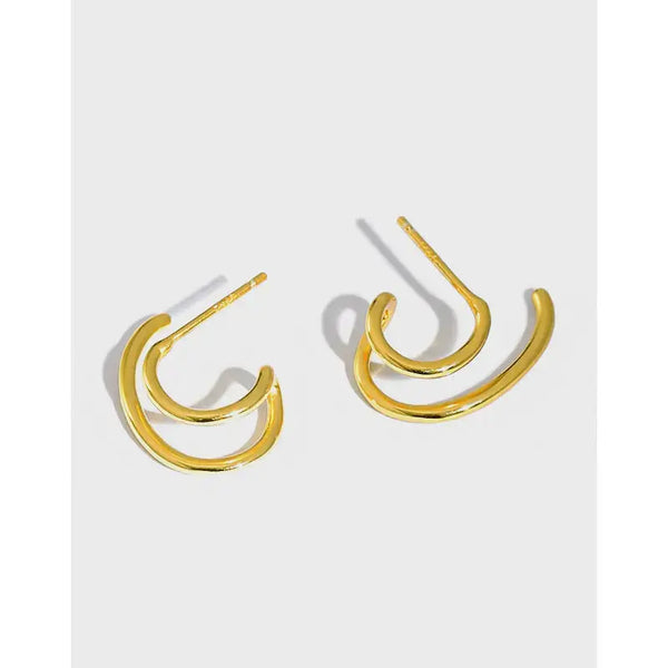 Lovcia Fashion Irregular Double Layer C Shape 925 Sterling Silver Stud Earrings-Earrings-Rhodium-Rhodium