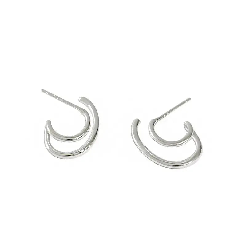 Lovcia Fashion Irregular Double Layer C Shape 925 Sterling Silver Stud Earrings-Earrings-Rhodium-Rhodium