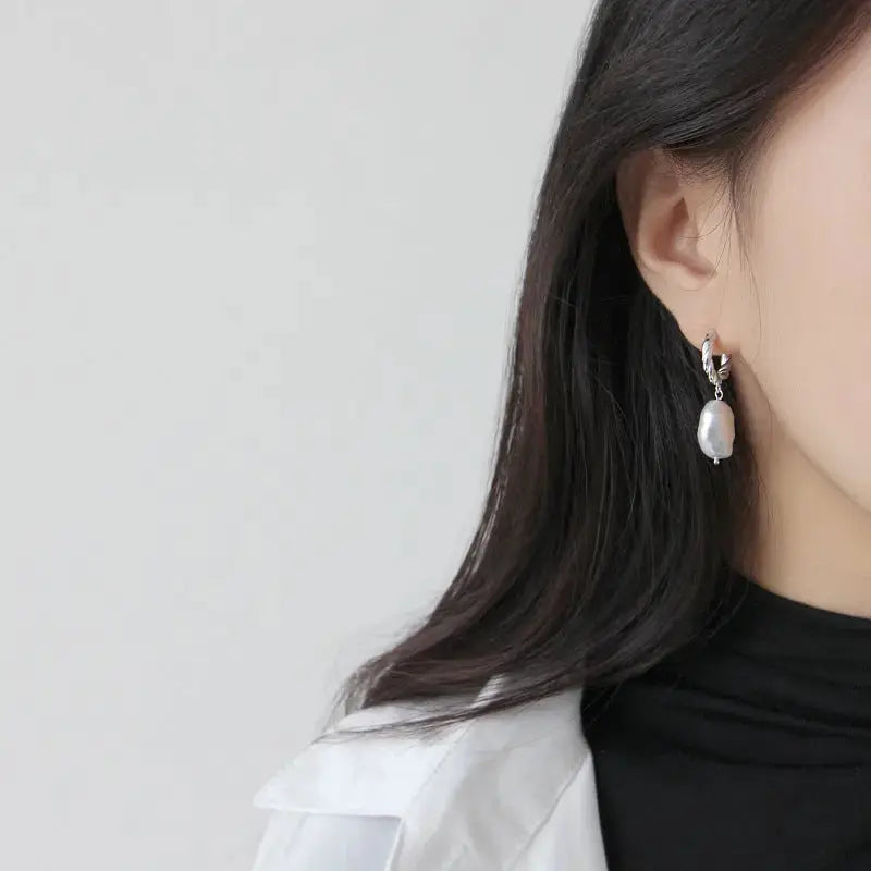 Lovcia Fashion Irregular Shell Pearl Twisted Circle 925 Sterling Silver Hoop Earrings-Earrings-Rhodium-Rhodium