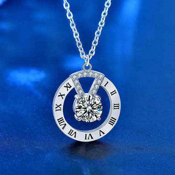 Lovcia Fashion Moissanite CZ Roman Numeral Circle 925 Sterling Silver Necklace-Necklaces-1ct Moissanite CZ-1ct Moissanite CZ