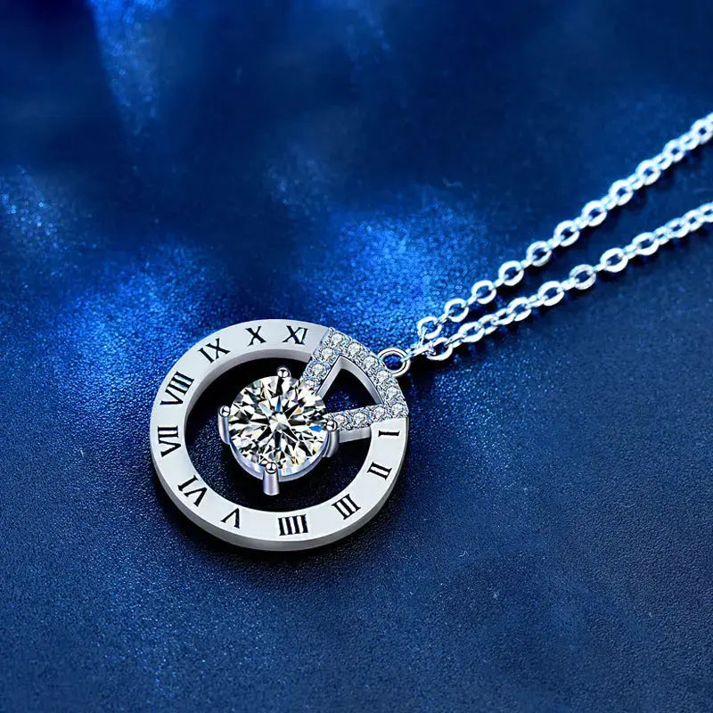 Lovcia Fashion Moissanite CZ Roman Numeral Circle 925 Sterling Silver Necklace-Necklaces-1ct Moissanite CZ-1ct Moissanite CZ
