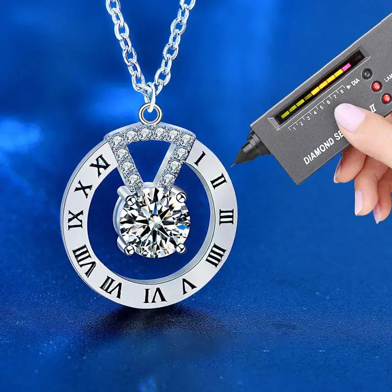 Lovcia Fashion Moissanite CZ Roman Numeral Circle 925 Sterling Silver Necklace-Necklaces-1ct Moissanite CZ-1ct Moissanite CZ