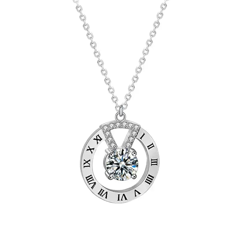 Lovcia Fashion Moissanite CZ Roman Numeral Circle 925 Sterling Silver Necklace-Necklaces-1ct Moissanite CZ-1ct Moissanite CZ