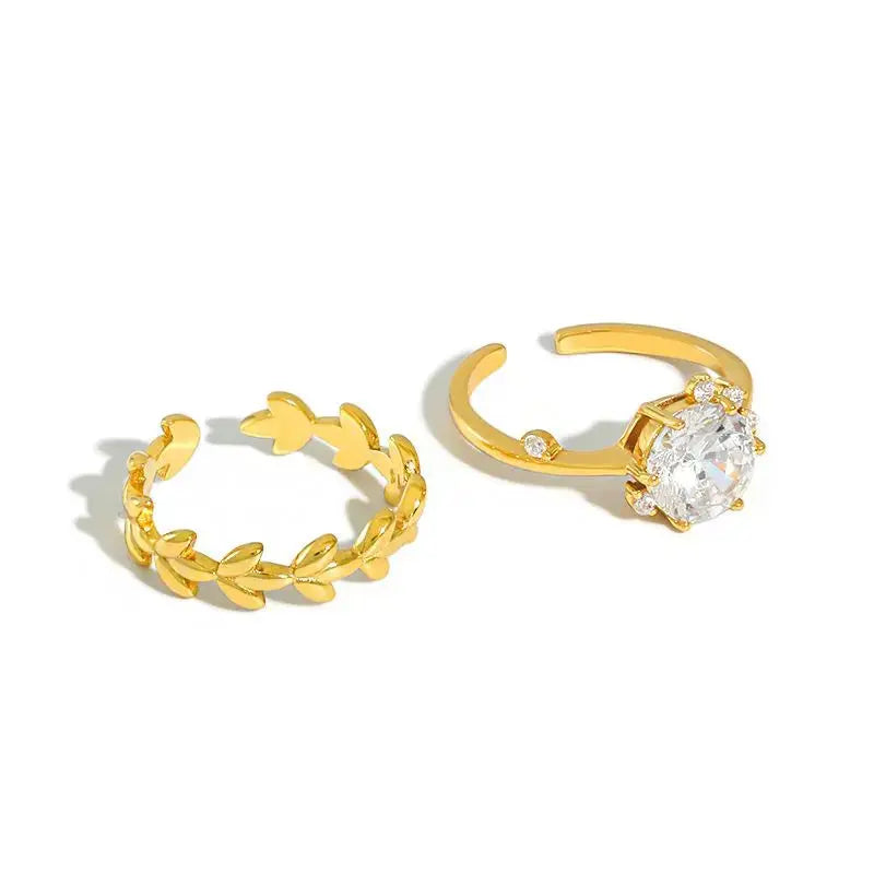 Lovcia Fashion Olive Branch CZ 925 Sterling Silver Adjustable Ring-Rings-S0069 & Yellow Gold-S0069 & Yellow Gold
