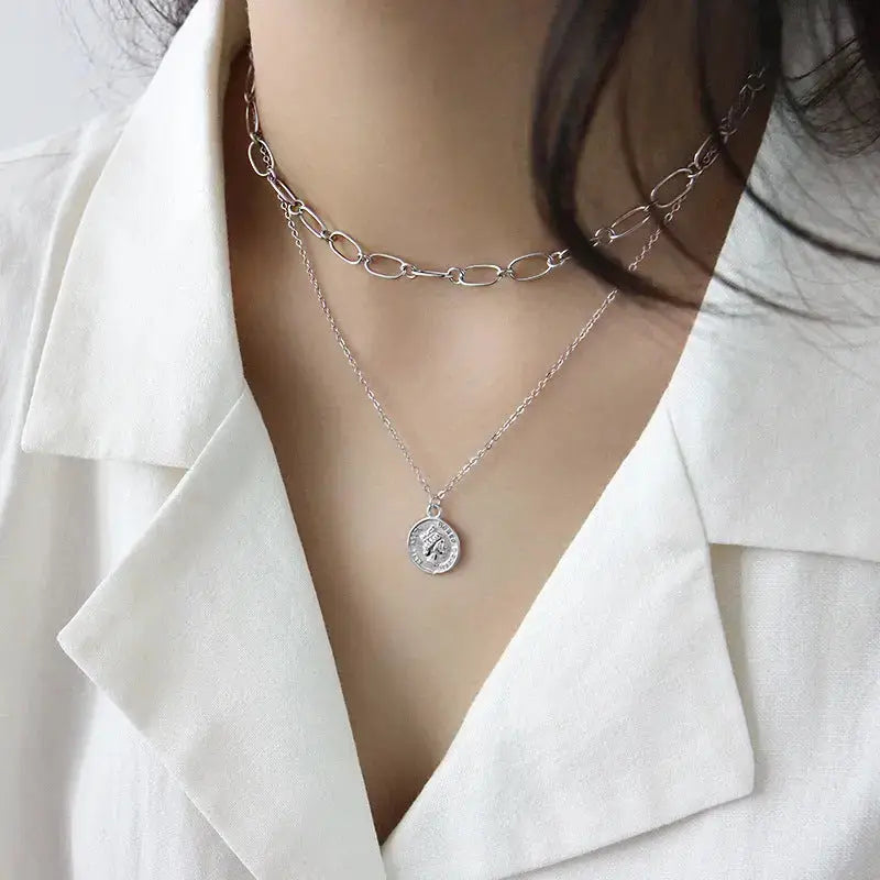 Lovcia Fashion Portrait Letters Coin 925 Sterling Silver Necklace-Necklaces-Rhodium-Rhodium