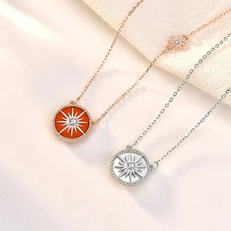 Lovcia Fashion Red Natural Agate CZ Compass 925 Sterling Silver Necklace-Necklaces-Rose Gold-Rose Gold