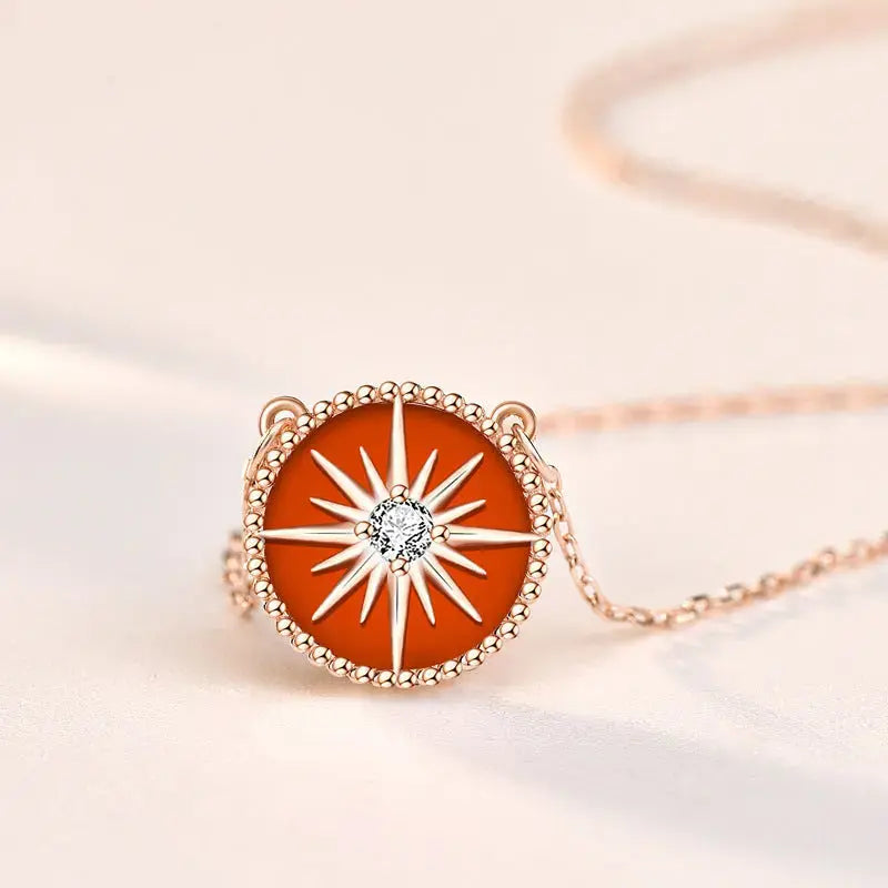 Lovcia Fashion Red Natural Agate CZ Compass 925 Sterling Silver Necklace-Necklaces-Rose Gold-Rose Gold
