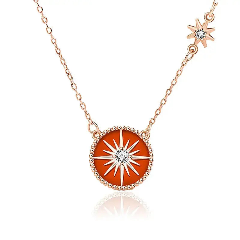 Lovcia Fashion Red Natural Agate CZ Compass 925 Sterling Silver Necklace-Necklaces-Rose Gold-Rose Gold