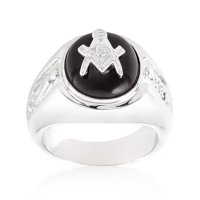 LOVCIA Masonic Emblem Rhodium Plated Onyx Ring for Men