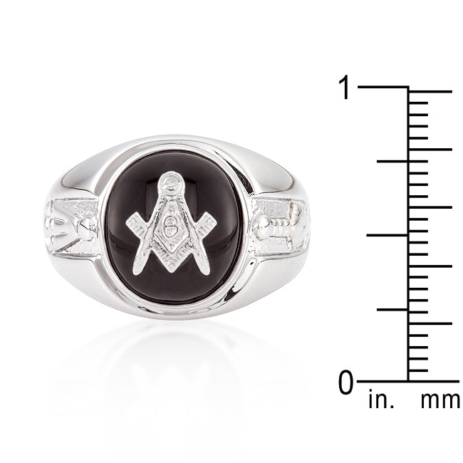 LOVCIA Masonic Emblem Rhodium Plated Onyx Ring for Men