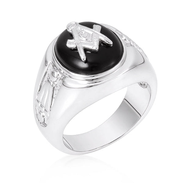 LOVCIA Masonic Emblem Rhodium Plated Onyx Ring for Men