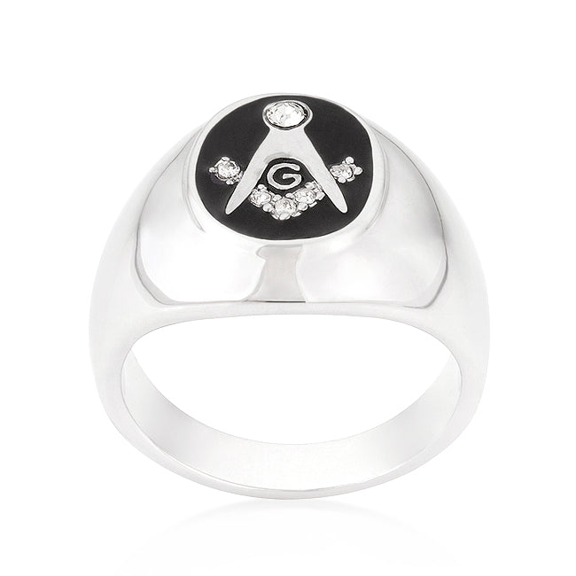 LOVCIA Rhodium-Plated Masonic Ring with Onyx and Cubic Zirconia