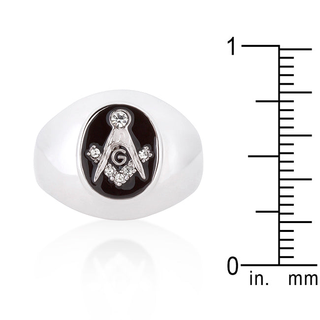 LOVCIA Rhodium-Plated Masonic Ring with Onyx and Cubic Zirconia