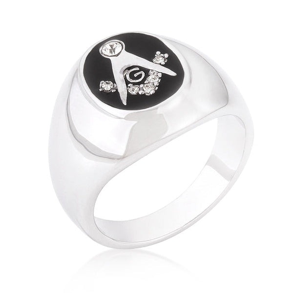 LOVCIA Rhodium-Plated Masonic Ring with Onyx and Cubic Zirconia